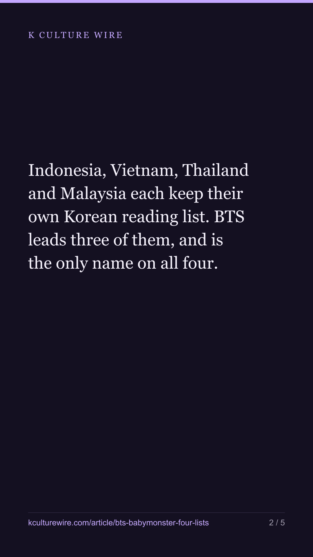 BTS tops 3 Wikipedias. Indonesia opens with Babymonster — tall card 2 of 5