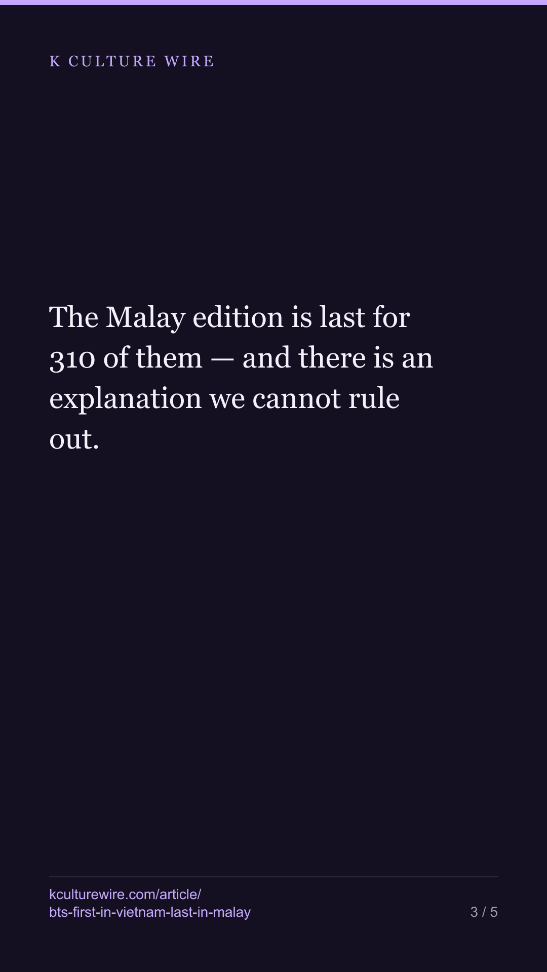 BTS is read most in Vietnam. All 20 read least in Malay — tall card 3 of 5