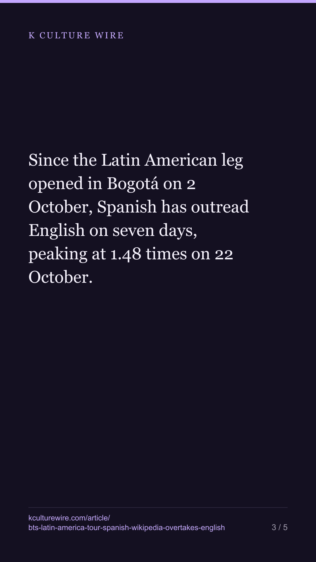 BTS in Latin America: Spanish Wikipedia Is Reading BTS More Than English Wikipedia for the First Time This Year — tall card 3 of 5