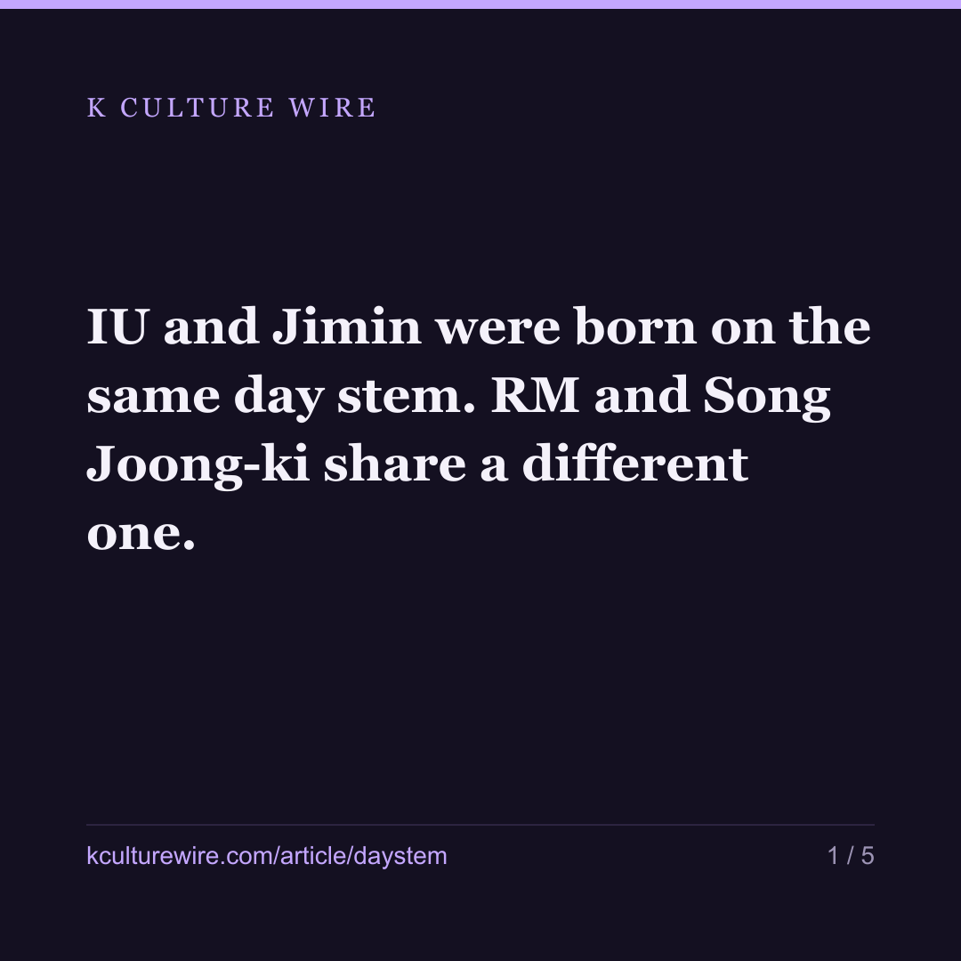 IU and Jimin were born on the same day stem. RM and Song Joong-ki share a different one. — card 1 of 5