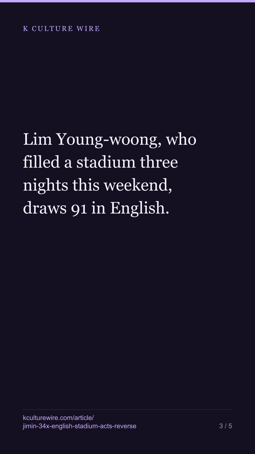 Jimin is read 34x more in English than in Korean. Korea's stadium acts are the reverse — tall card 3 of 5
