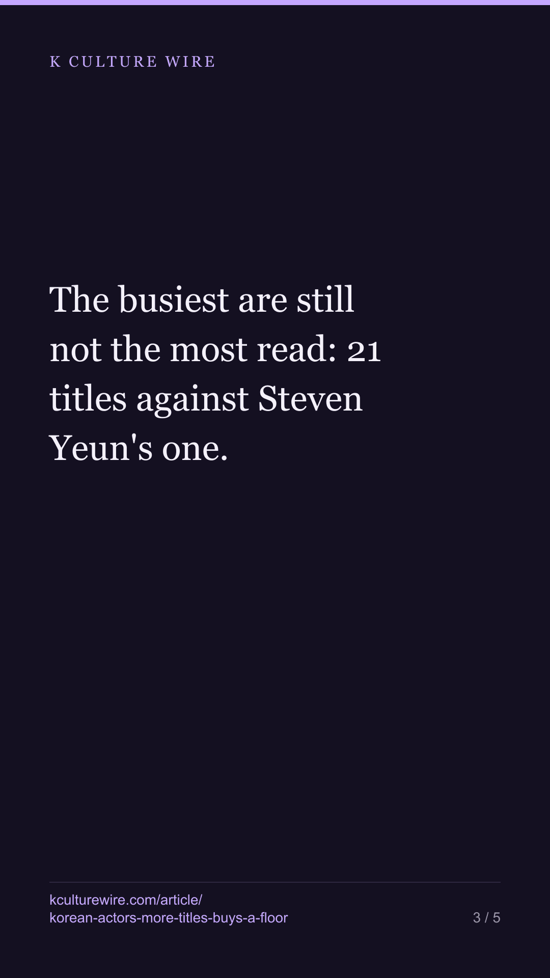 Ma Dong-seok has 21 titles. Steven Yeun is read 2x more — tall card 3 of 5