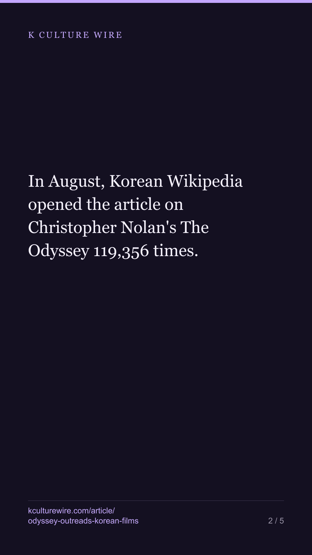 Nolan's Odyssey outreads 14 Korean 2026 films combined — tall card 2 of 5