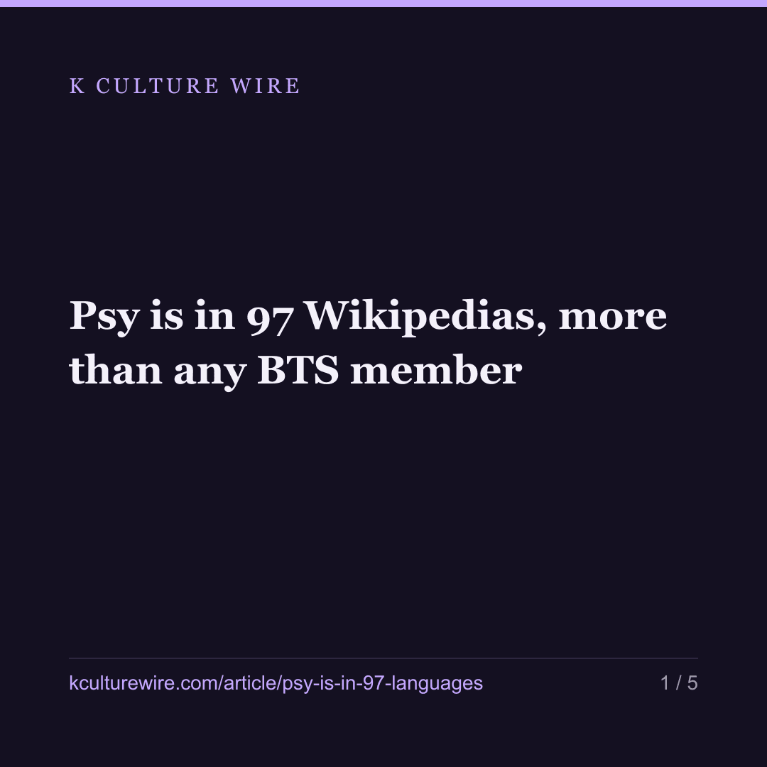 Psy is in 97 Wikipedias, more than any BTS member — card 1 of 5