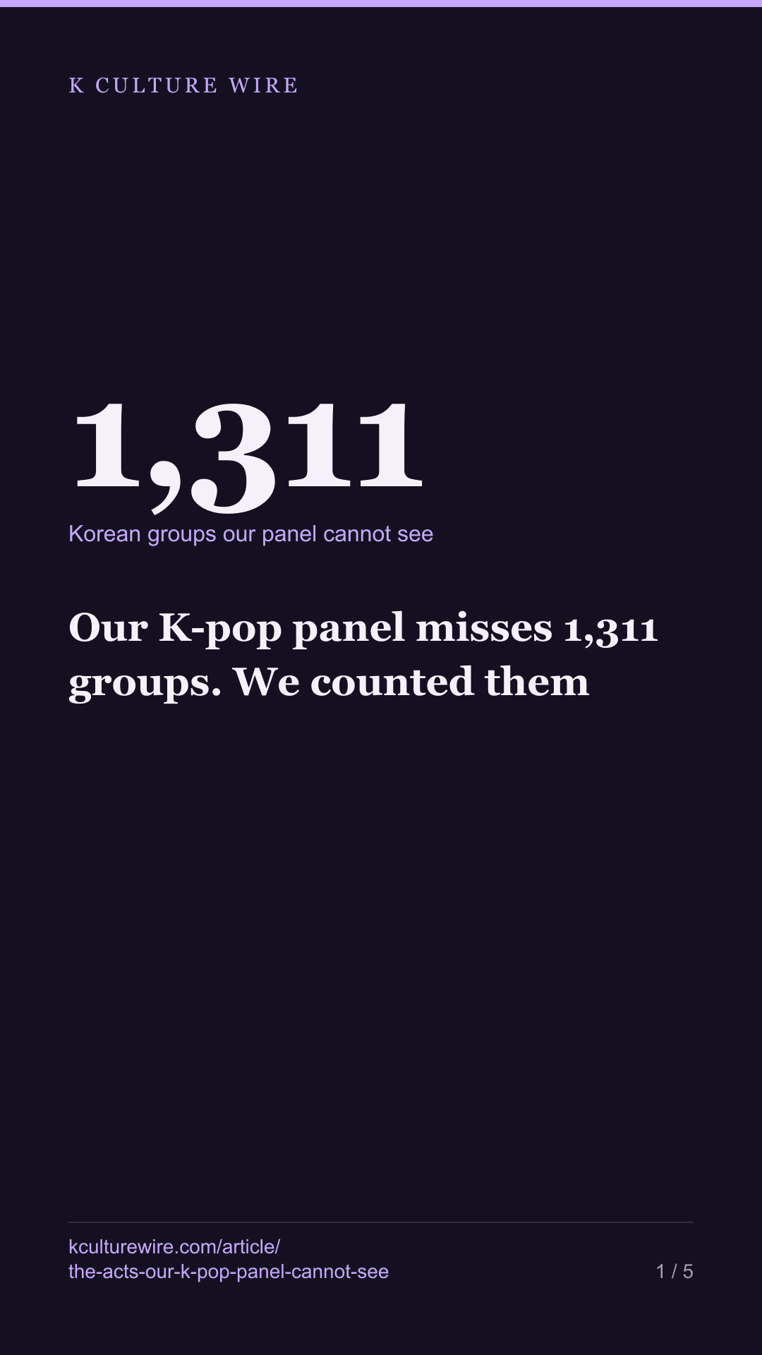 Our K-pop panel misses 1,311 groups. We counted them — tall card 1 of 5