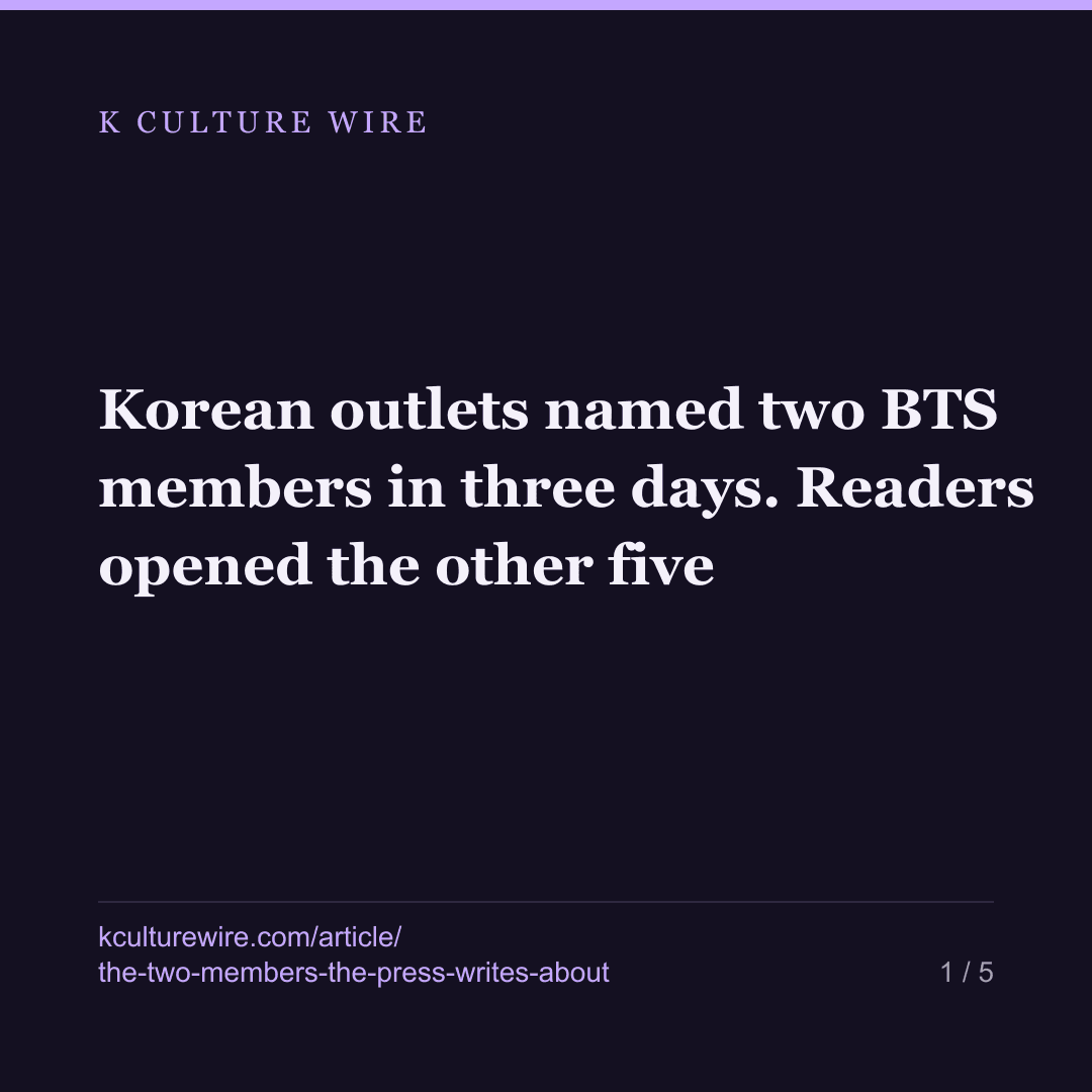 Korean outlets named two BTS members in three days. Readers opened the other five — card 1 of 5