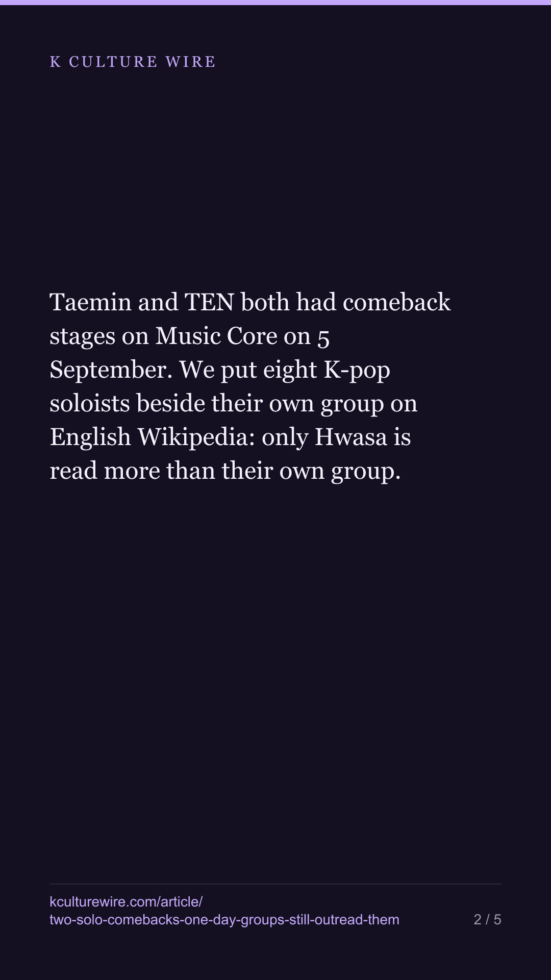 Two solo comebacks in one show. In English, seven of eight soloists are outread by their group — tall card 2 of 5