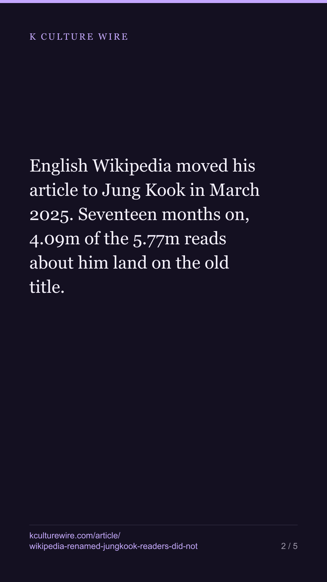 Wikipedia renamed Jungkook. 72% still arrive at the old name — tall card 2 of 5