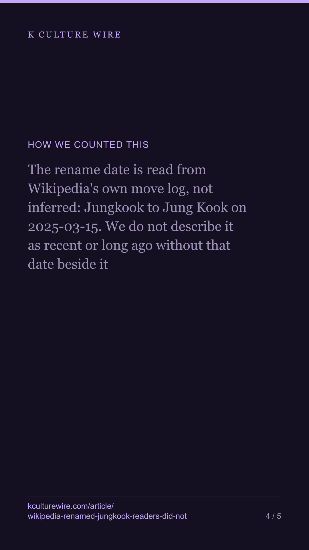 Wikipedia renamed Jungkook. 72% still arrive at the old name — tall card 4 of 5