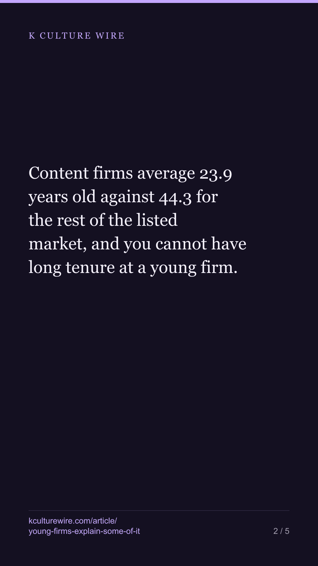 Korean content firms hold staff half as long. Age is part — tall card 2 of 5
