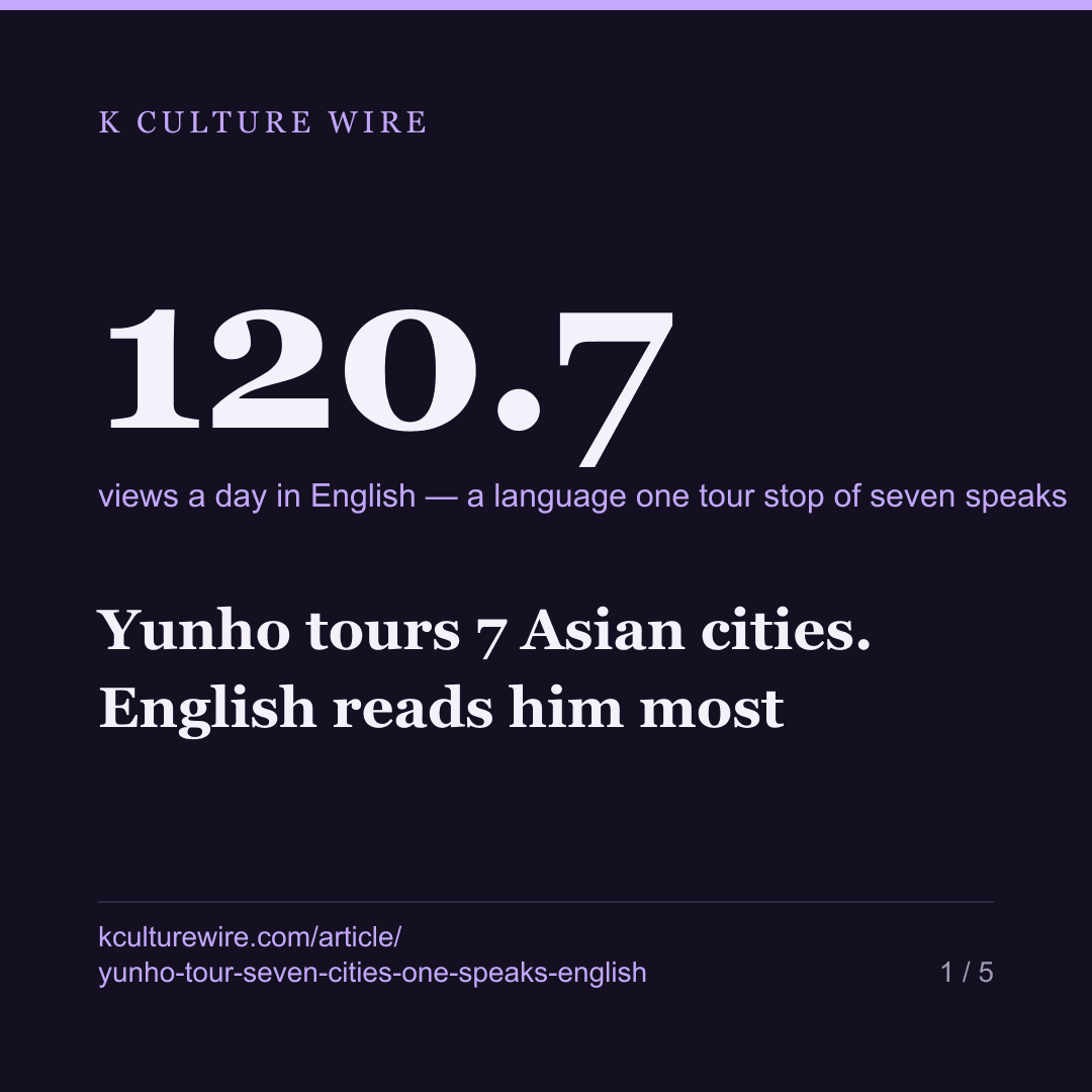 Yunho tours 7 Asian cities. English reads him most — card 1 of 5